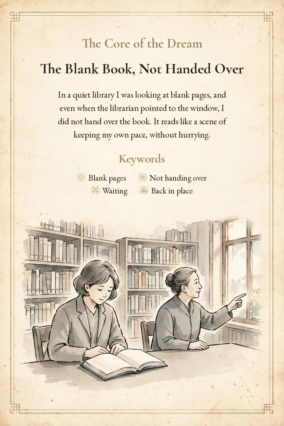 Card 1, the core of the dream, English translation preview: “The Blank Book, Not Handed Over”, above a watercolor of a woman reading at a library table while a librarian points to the window.