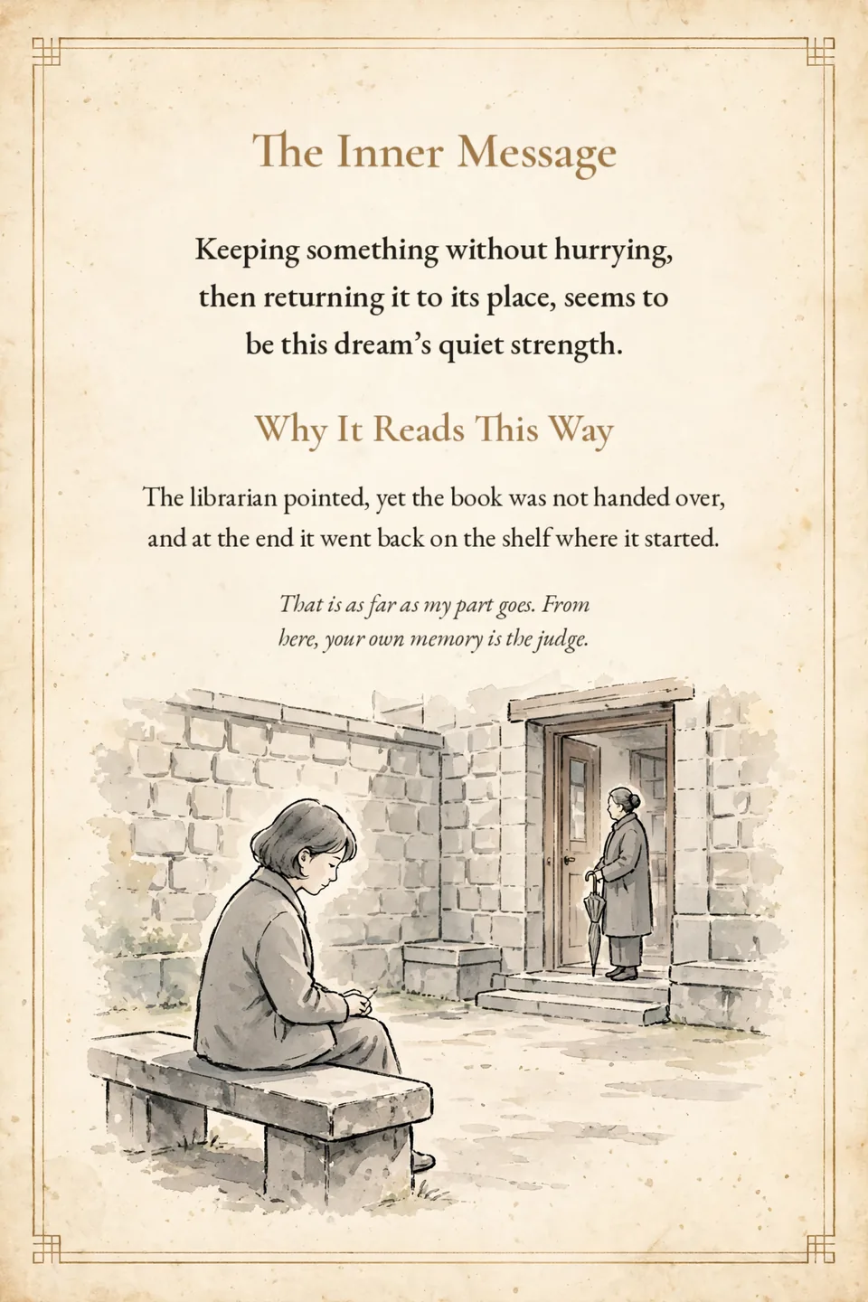 Card 3, the inner message, English translation preview: the reading and why it reads this way, above a watercolor of a woman resting on a stone bench while someone with an umbrella waits by a doorway.