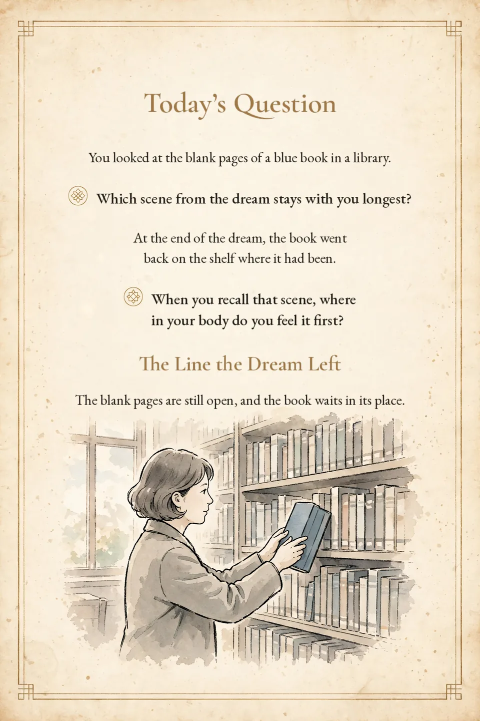 Card 4, today’s question, English translation preview: two questions and the line the dream left, above a watercolor of a woman placing a blue book back on a library shelf.